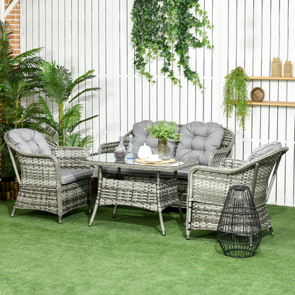 Nakevi Grey Rattan 4 Seater Garden Seating Set With Glass Top Coffee Table