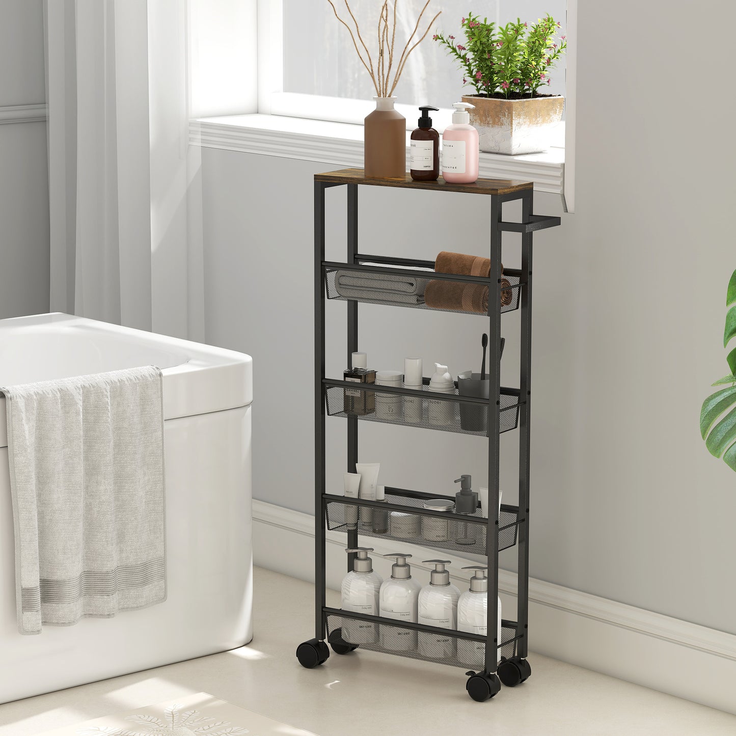 Raelno Metal Black 5 Tier Slim Storage Trolley With Wood Effect Top And Handle