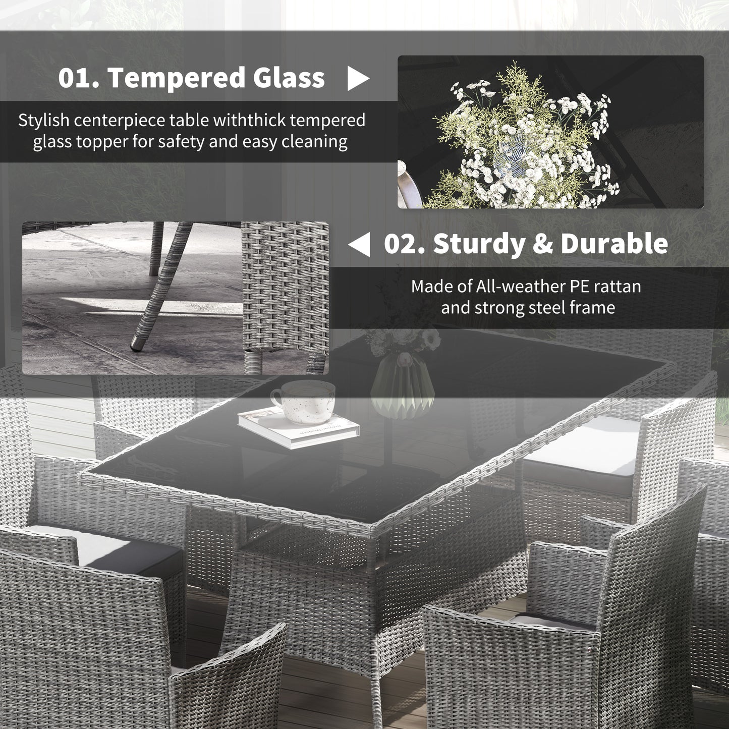 Lona Rattan Charcoal Grey 6 Seater Outdoor Dining Set With Cushioned Armchairs And Rectangular Glass Table