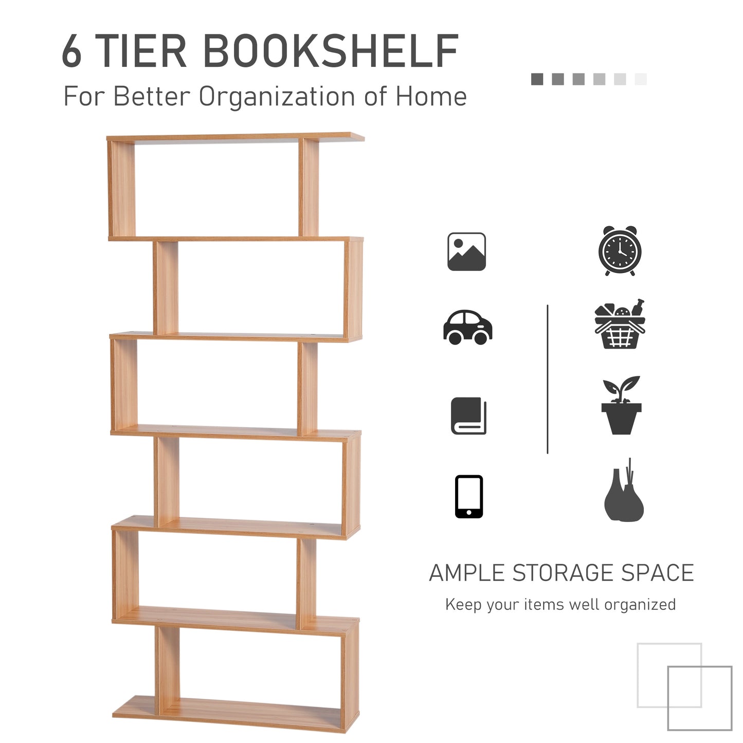 Lisoke Wood Maple 6 Tier S ShaFauxd Display Bookcase
