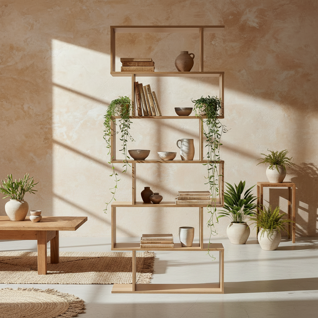 Vicovi Wood Oak Finish 6 Tier S Shaped Display Bookcase