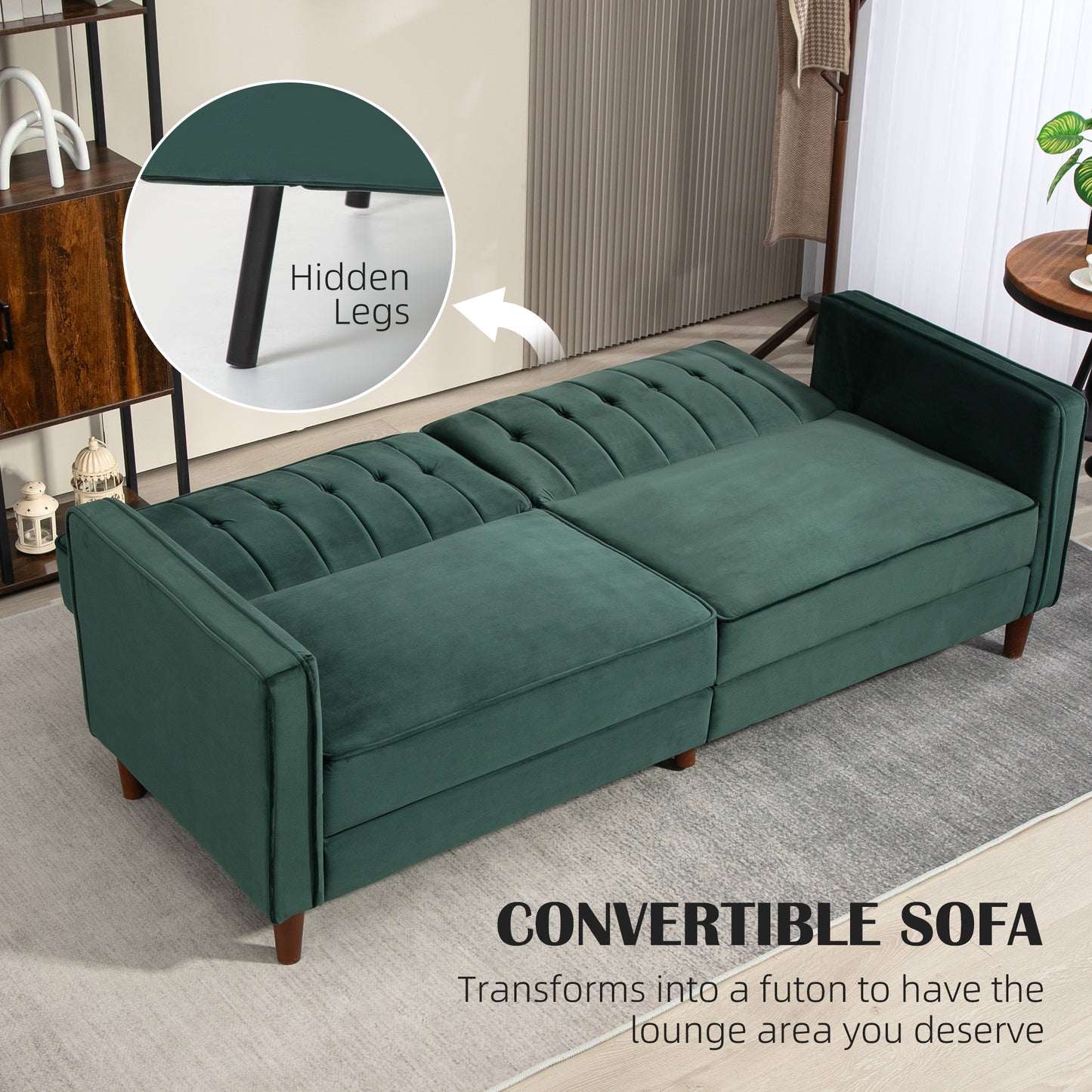 Babano Forrest Green Velvet 3 Seater Convertible Sofa Bed