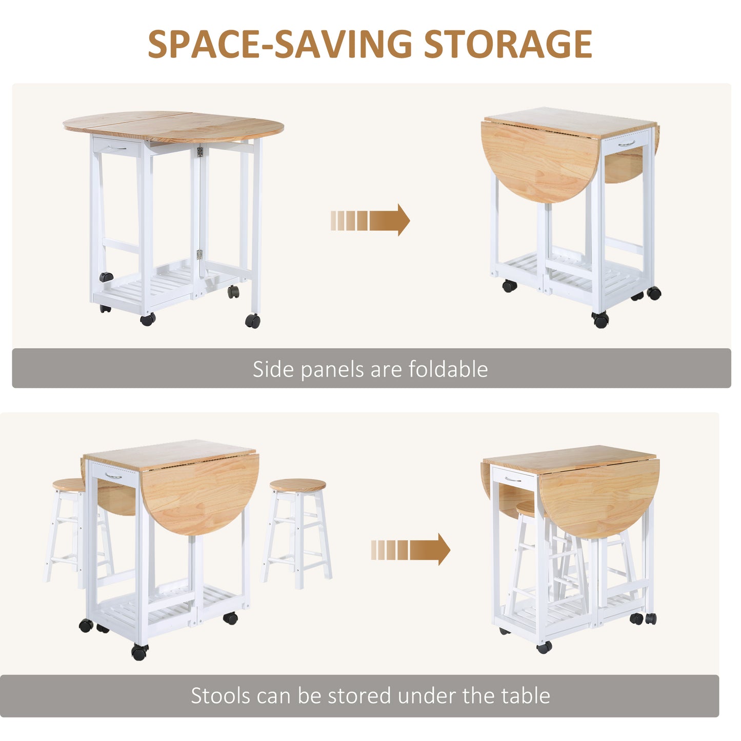 Rasola Wooden White Mobile Drop Leaf Dining Table With Stools Drawers Shelving And Wheels
