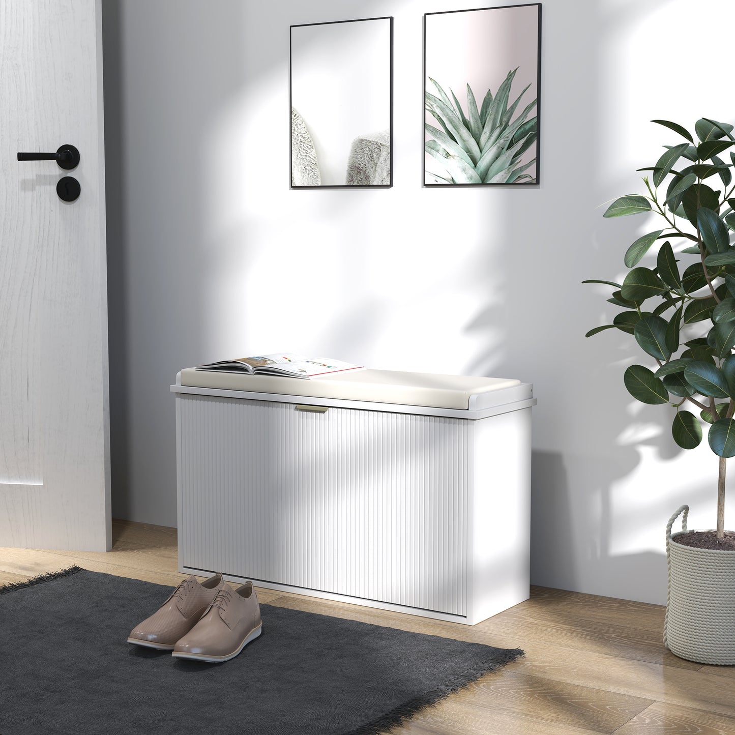 Lidito Wooden White 8 Pair Shoe Bench With Cushioned Top