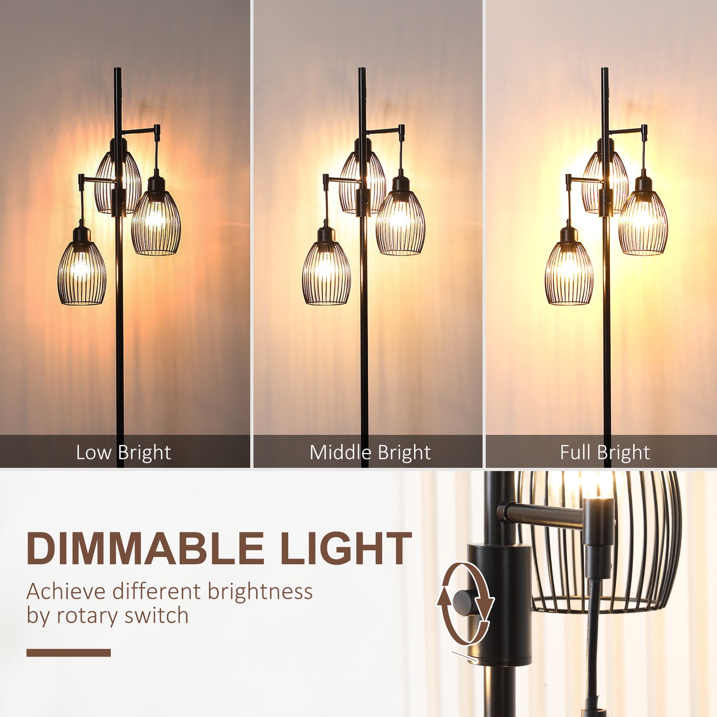 Elziba Metal Black Industrial 3 Light Floor Lamp With Wire Cage Shades 170 cm