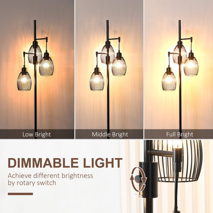 Elziba Metal Black Industrial 3 Light Floor Lamp With Wire Cage Shades 170 cm