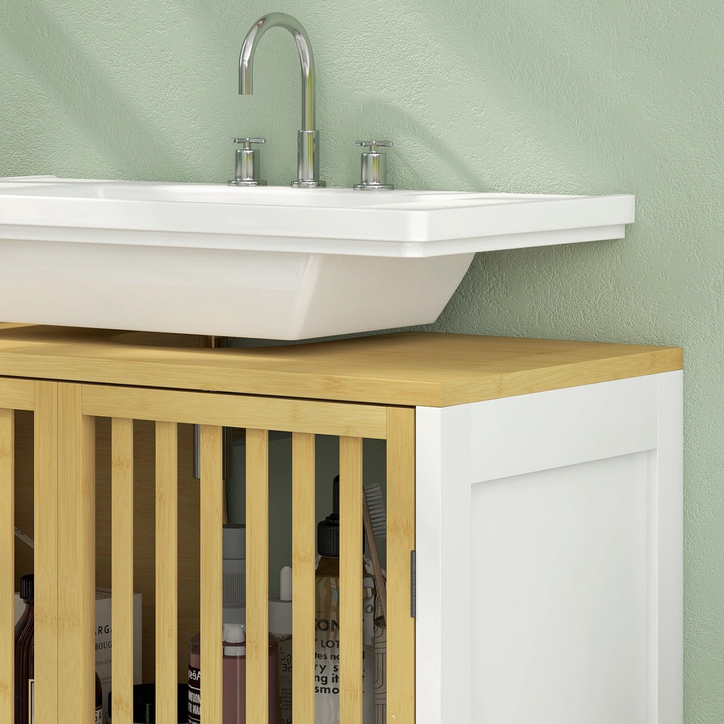 Neyora Bamboo Style Under Sink Bathroom Storage Cabinet With Cut Out Front