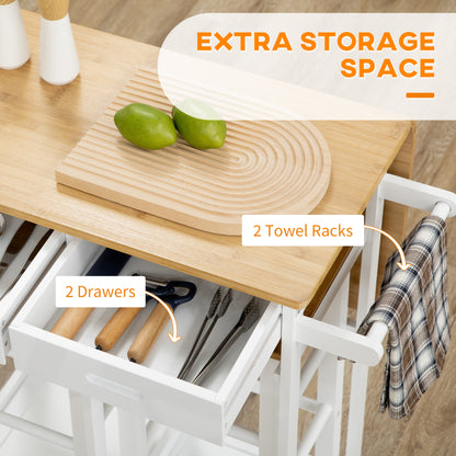 Elvami Vafa Wooden White Kitchen Island Set With 2 Stools Drop Leaf Top Drawers And Towel Rack