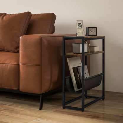 Sanami Wooden Rustic Brown Narrow Side Table With 3 Tier Storage And Magazine Slot
