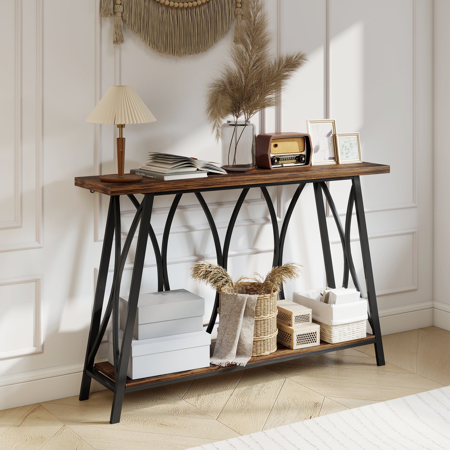 Raneve Metal And Wooden Rustic Brown 2 Tier Industrial Console Table 120 x 30 x 80 cm