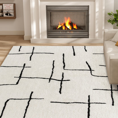 Soelvi White and Black Fluffy High Pile Geometric Rug 170 x 120cm