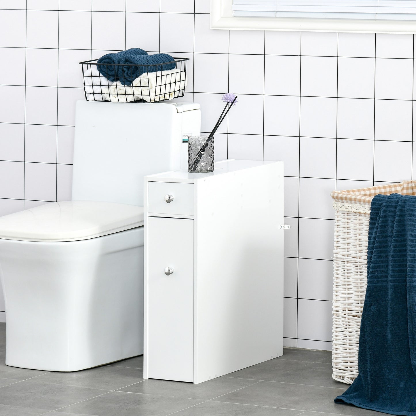 Ninemi Narrow Bathroom Floor Storage Cabinet With Drawers In White