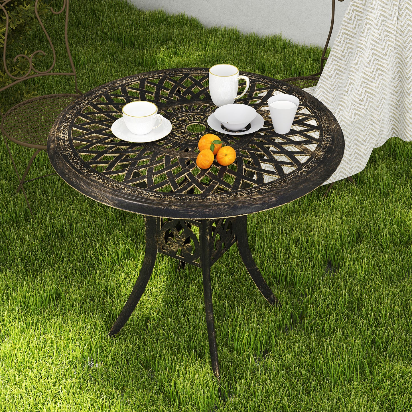 Kenofa Cast Aluminium Bronze Round Garden Dining Table With Parasol Hole