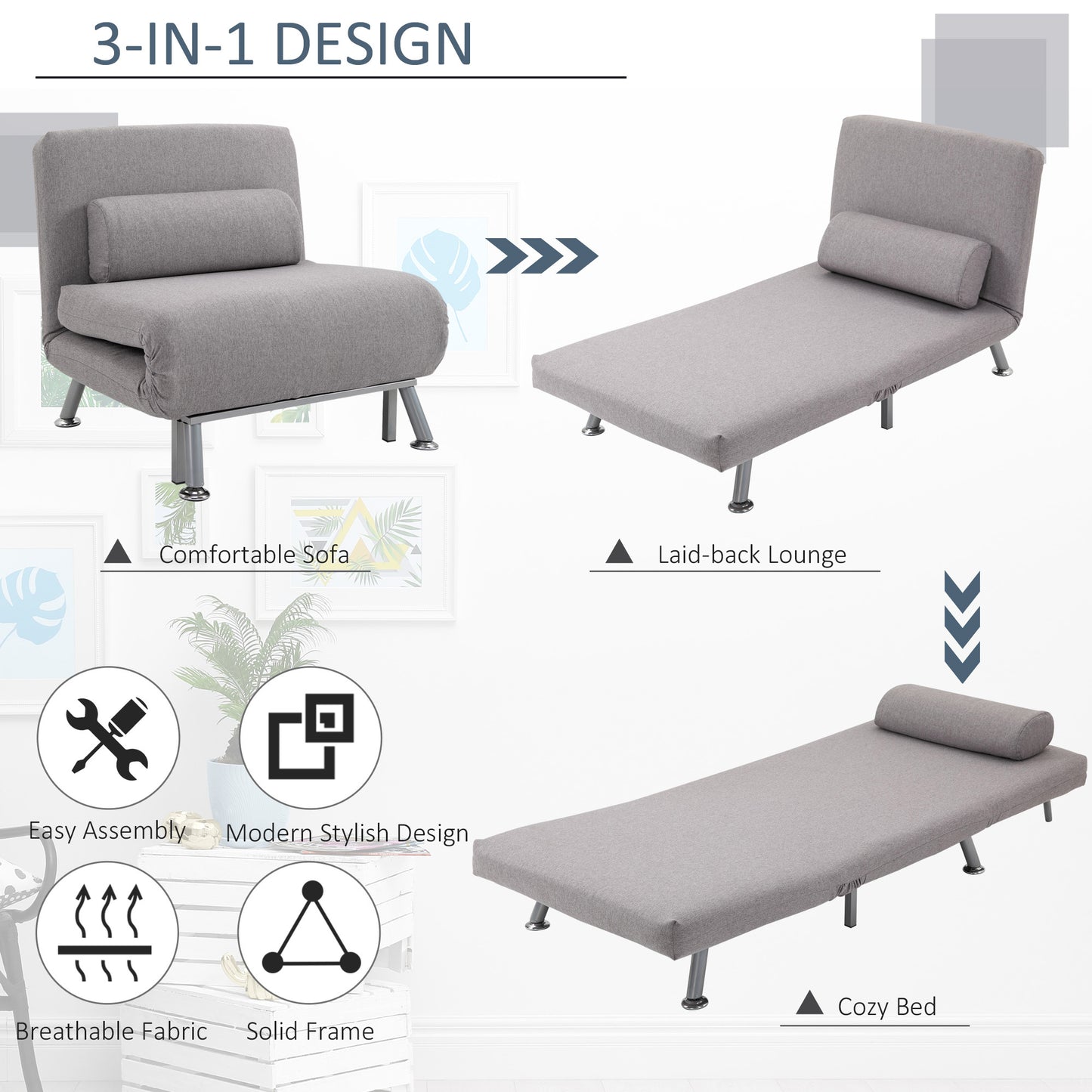 Kano Fabric Grey Adjustable Back Futon Style Sofa Chair