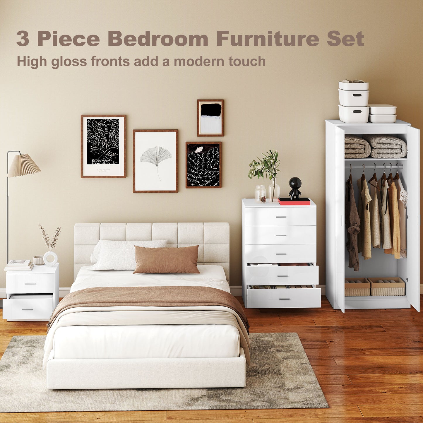 Belatera High Gloss White 3 Piece Bedroom Furniture Set Wardrobe Chest of Drawers And Bedside Table