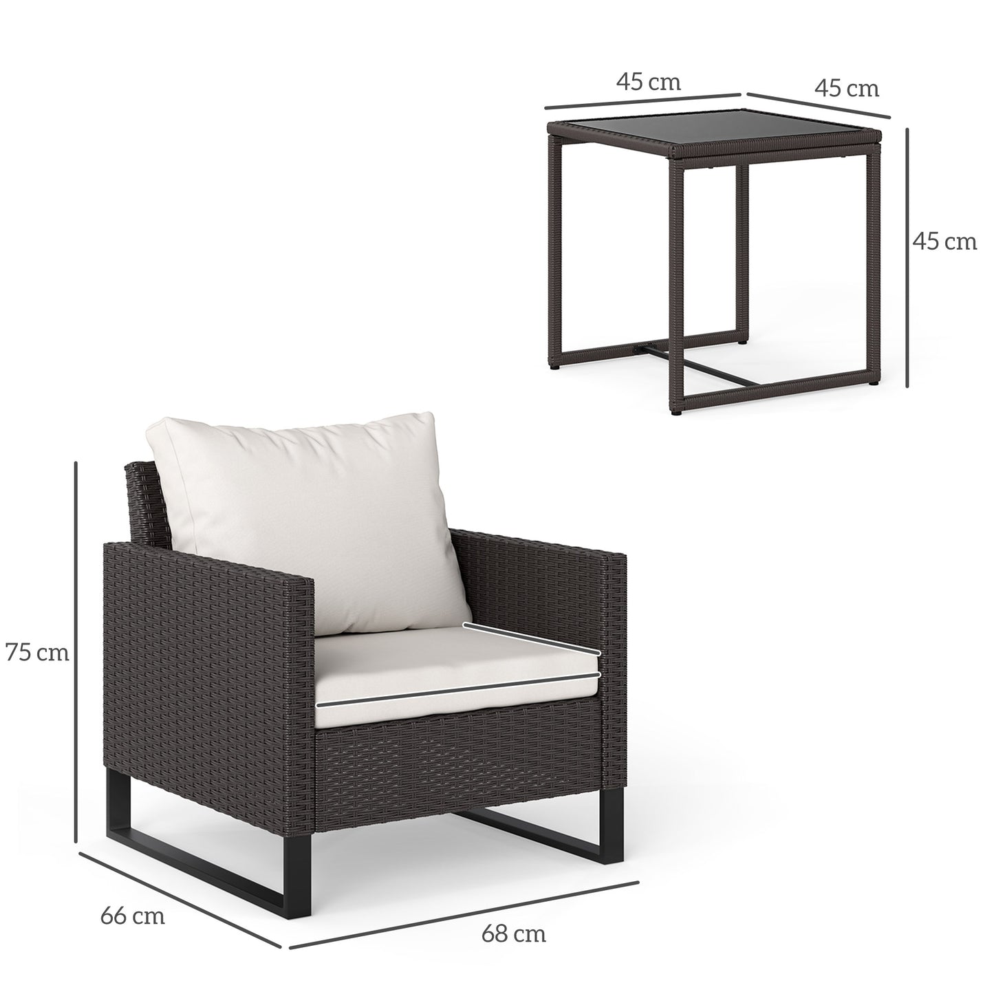 Elmolu Rattan Brown 3 Piece Bistro Set with Glass Coffee Table