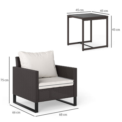 Elmolu Rattan Brown 3 Piece Bistro Set with Glass Coffee Table
