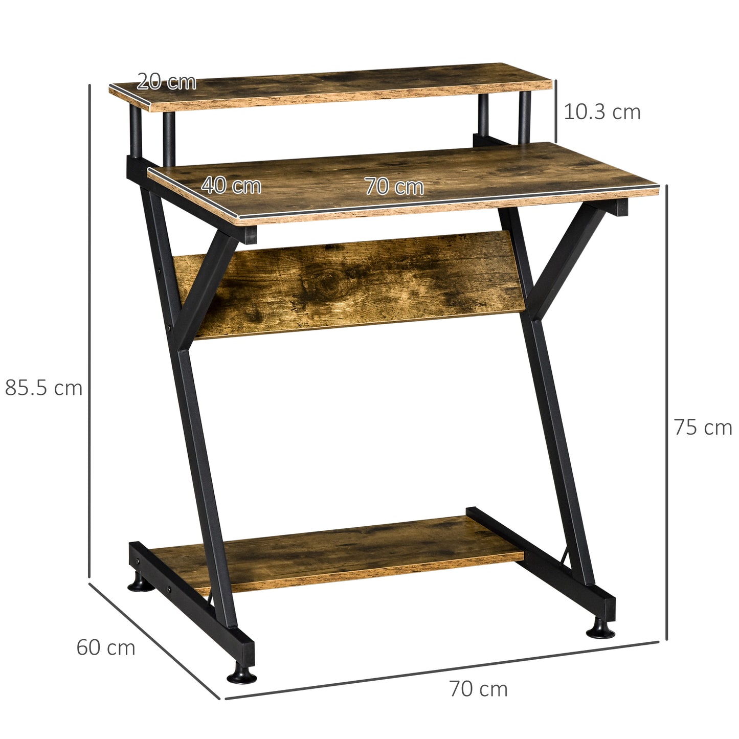 Lulose 70cm Small Black Metal And Wooden Rustic Brown Compact Industrial Desk With Monitor Stand