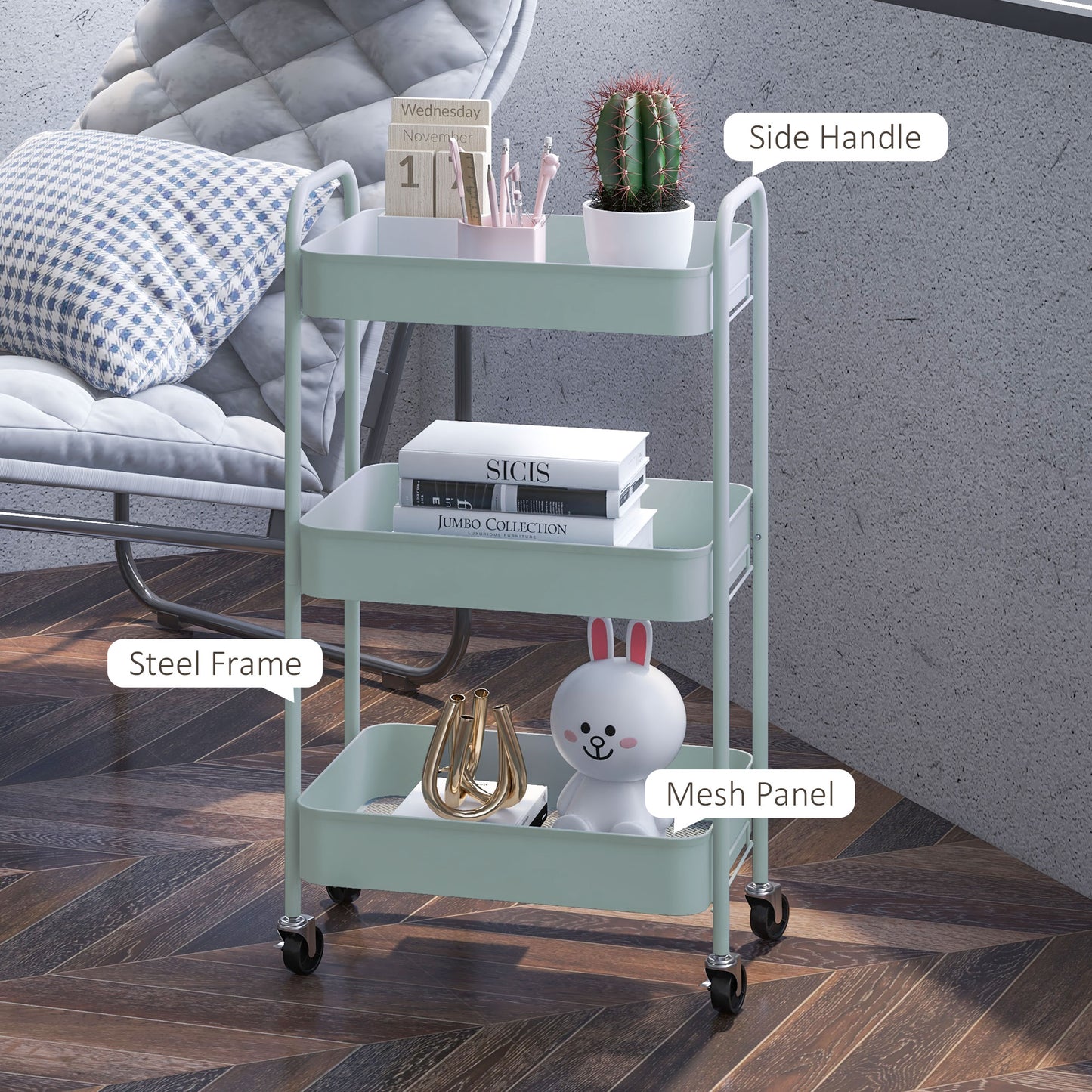 Ravito Fari Metal Light Blue 3 Tier Steel Storage Trolley