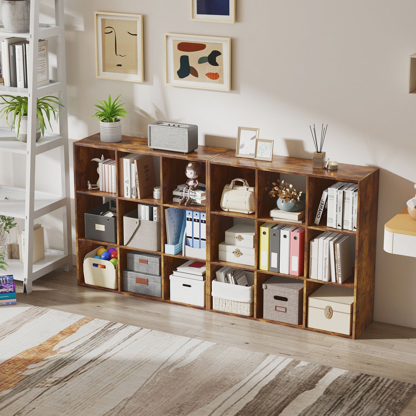 Mamomo Faha Wood Rustic Brown 3 Tier 9 Cube Storage Bookcase