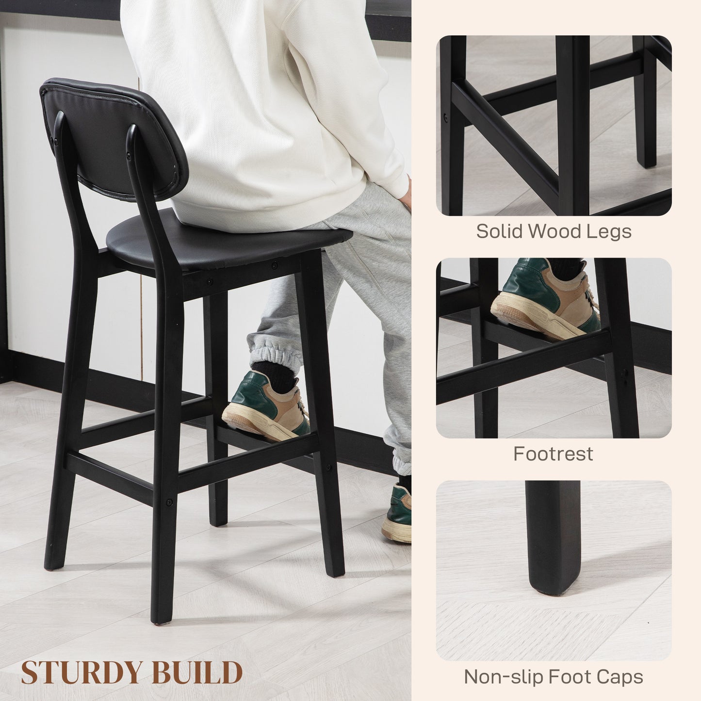Resono Solid Wood Black Classic Bar Stools Set Of 2 With Faux Leather Seats