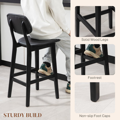 Resono Solid Wood Black Classic Bar Stools Set Of 2 With Faux Leather Seats