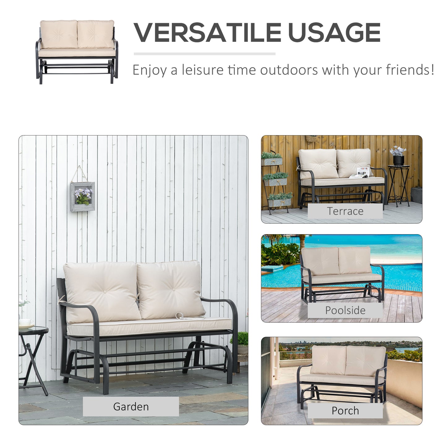 Yorota Metal And Fabric Cream 2 Outdoor Glider Bench With Cushions And Armrests