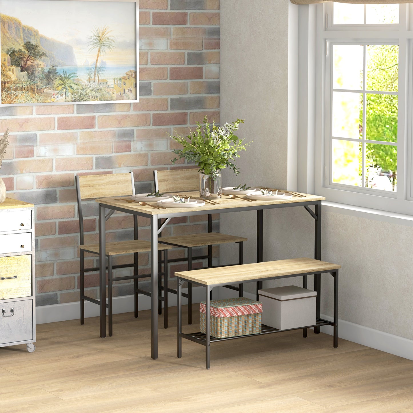 Kesudi Wooden Natural Square Dining Set Seating 4 With Bench