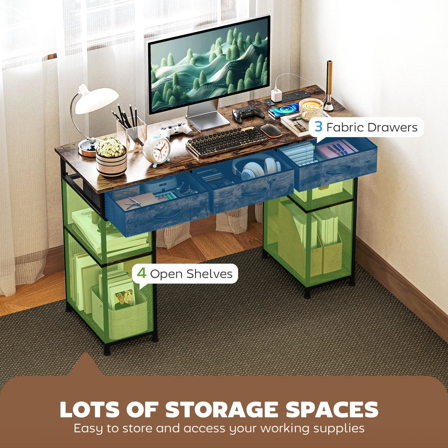 Hariva 120cm Wooden Rustic Brown Home Office Desk With Power Sockets 3 Fabric Drawers And 4 Storage Shelves