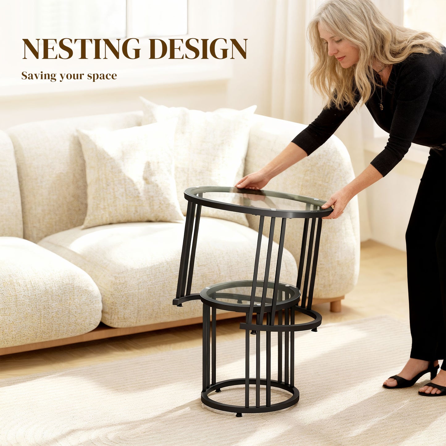 Kane Set of 2 Metal And Glass Black Round Nesting Tables With Steel Frame