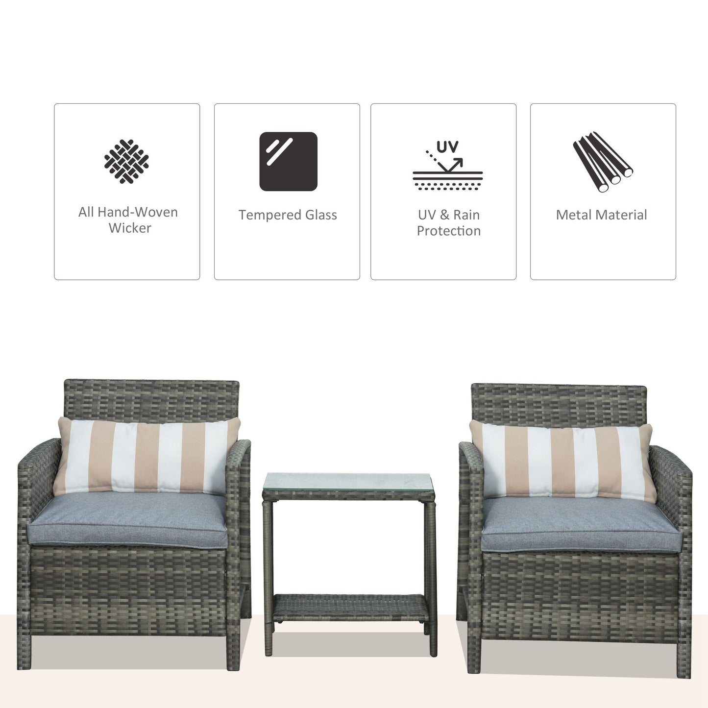 Vatara Grey Rattan Outdoor Garden 3 Piece Bistro Set With 2 Tier Glass Coffee Table And Stripe Cushions