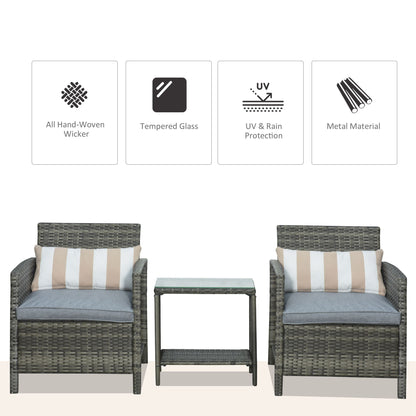 Vatara Grey Rattan Outdoor Garden 3 Piece Bistro Set With 2 Tier Glass Coffee Table And Stripe Cushions