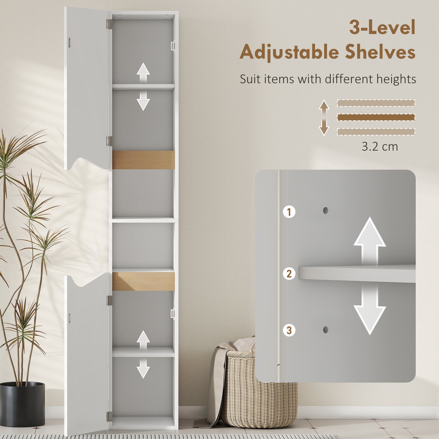 Rasa Slim Tall Bathroom Storage Cabinet With 2 Doors And 2 Shelves White