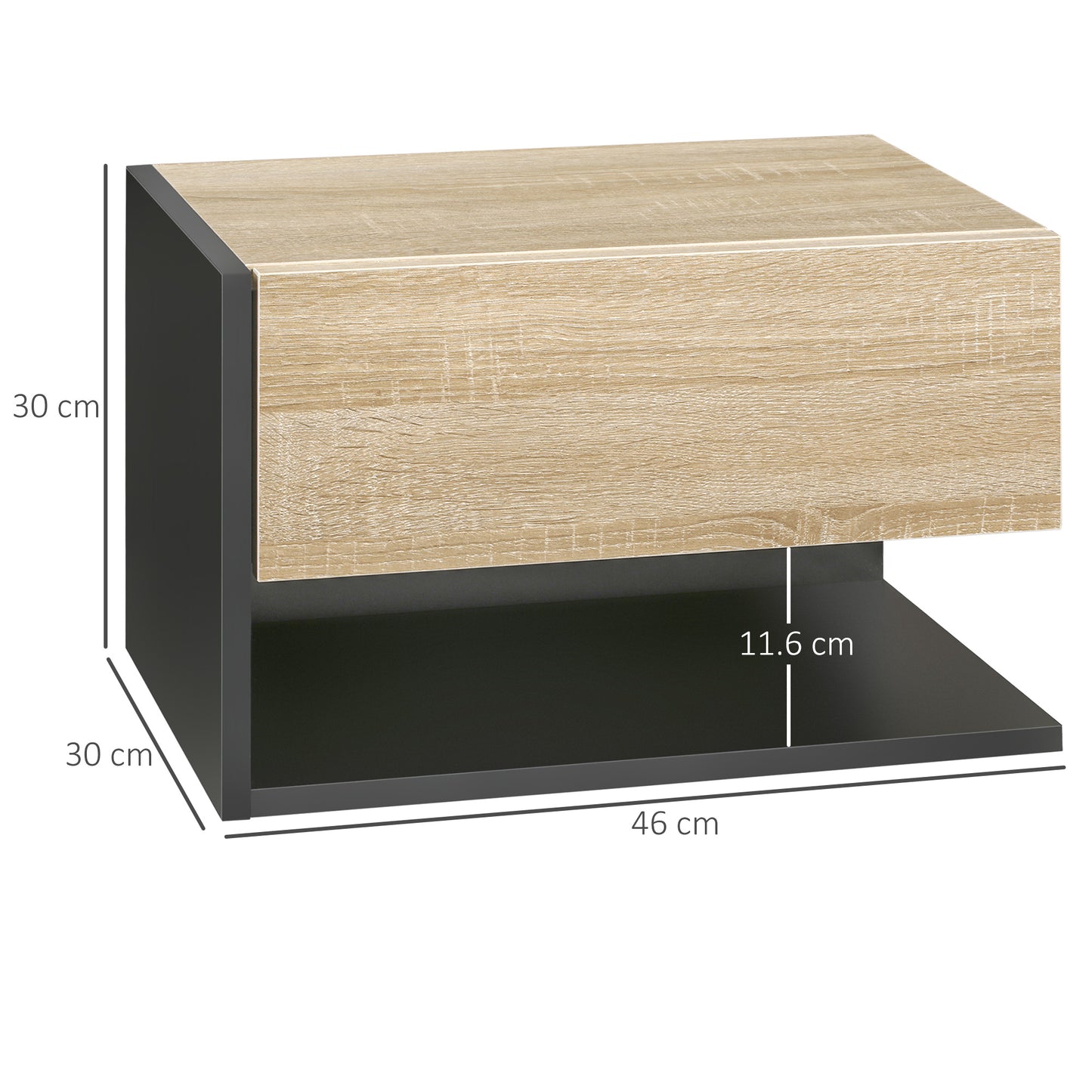 Sebato Set of 2 Oak Effect Wooden Floating Bedside Tables With Drawer And Shelf Wall Mounted 46 x 30 x 30 cm