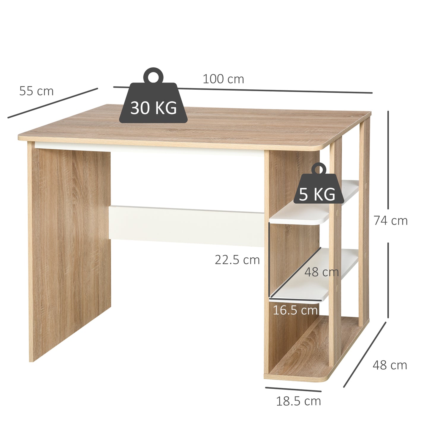 Halama 100cm Wooden Oak And White Writing Desk With 3 Tier Storage Shelving