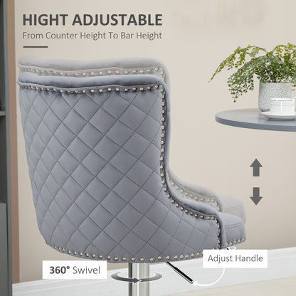 Recoco Velvet Grey Adjustable Swivel Bar Stools Set Of 2 With Tufted Back And Nailhead Detail