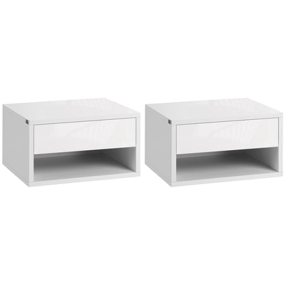 Veve Set Of 2 High Gloss White Floating Bedside Tables with Drawer and Shelf