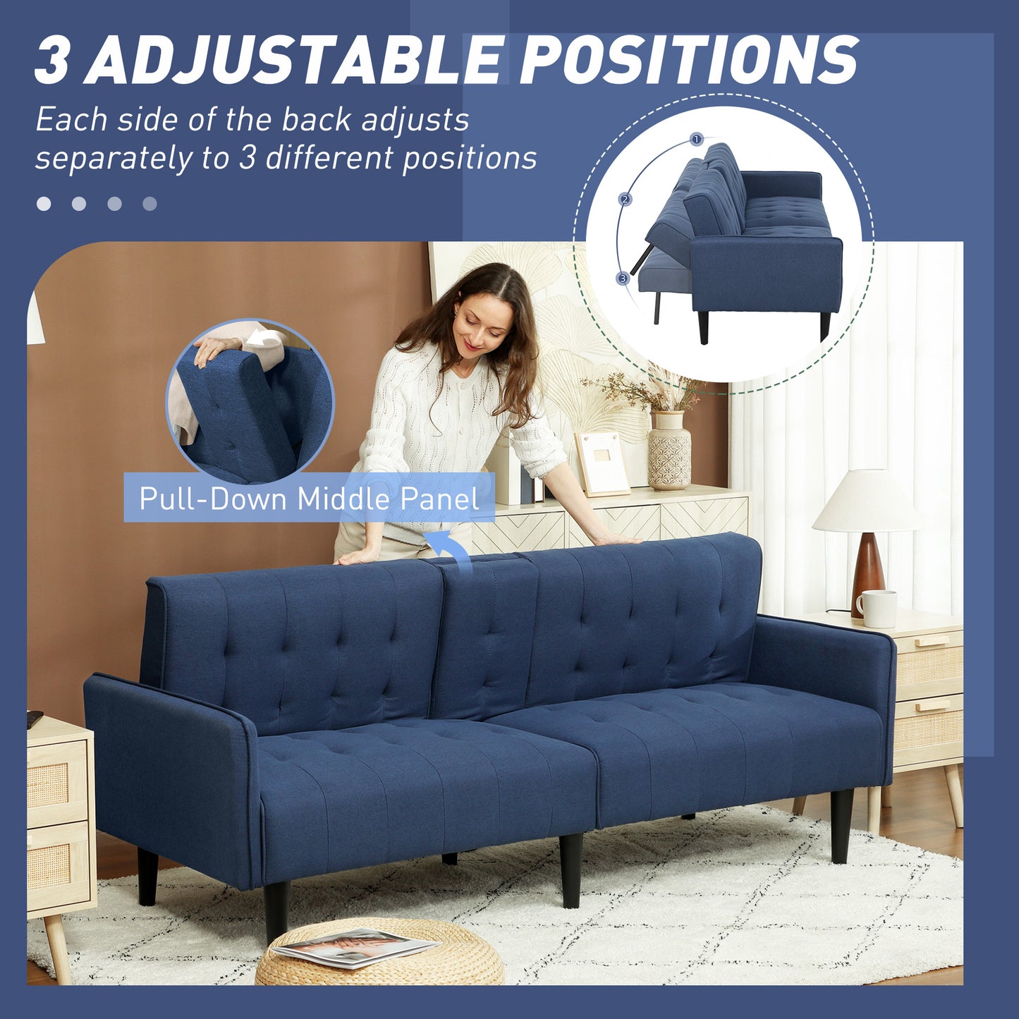Rolano Dark Blue Upholstered 3 Seater Sofa Bed Tufted Diamond Pattern