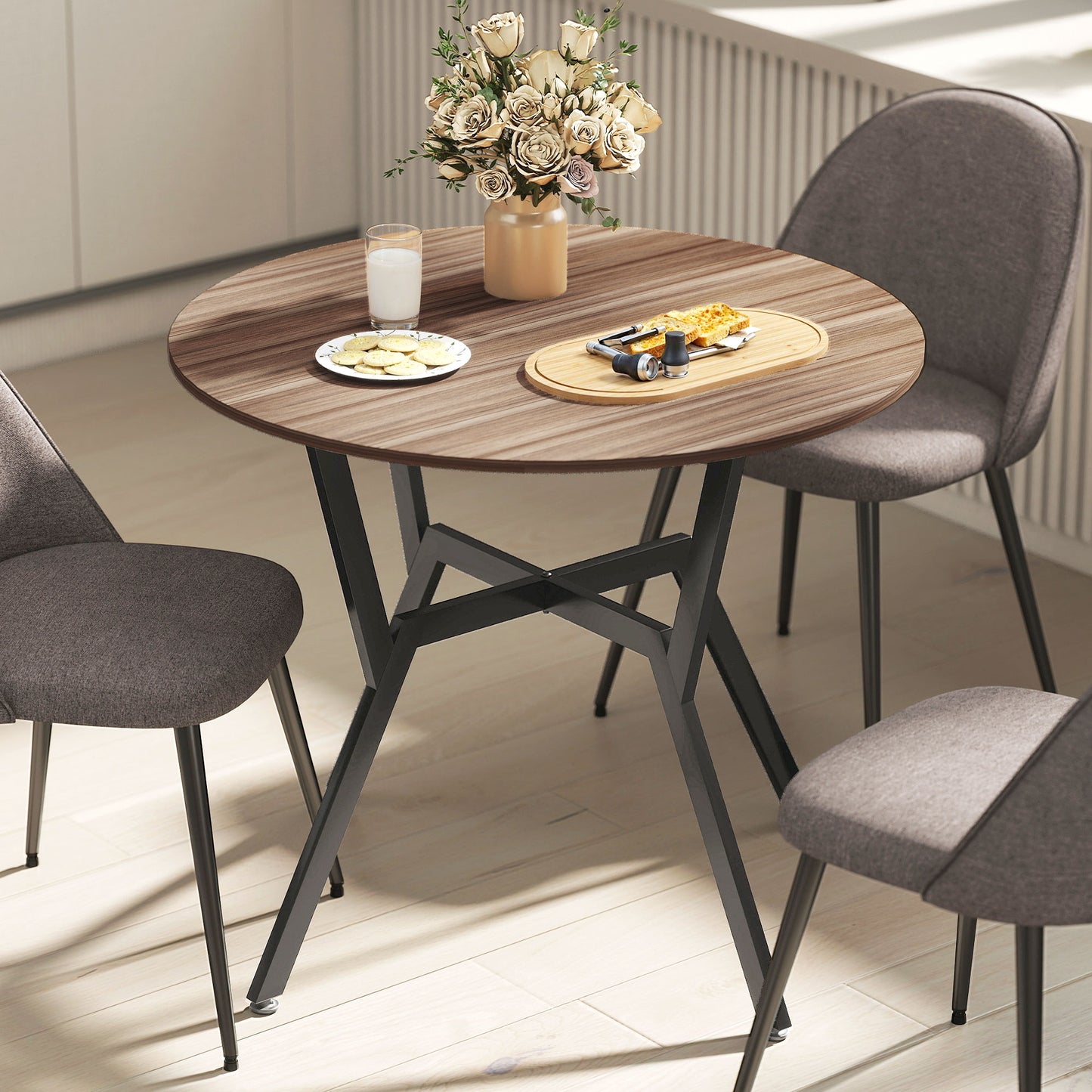 Doveno Metal Brown Round Dining Table With Anti Slip Feet For Dining Areas