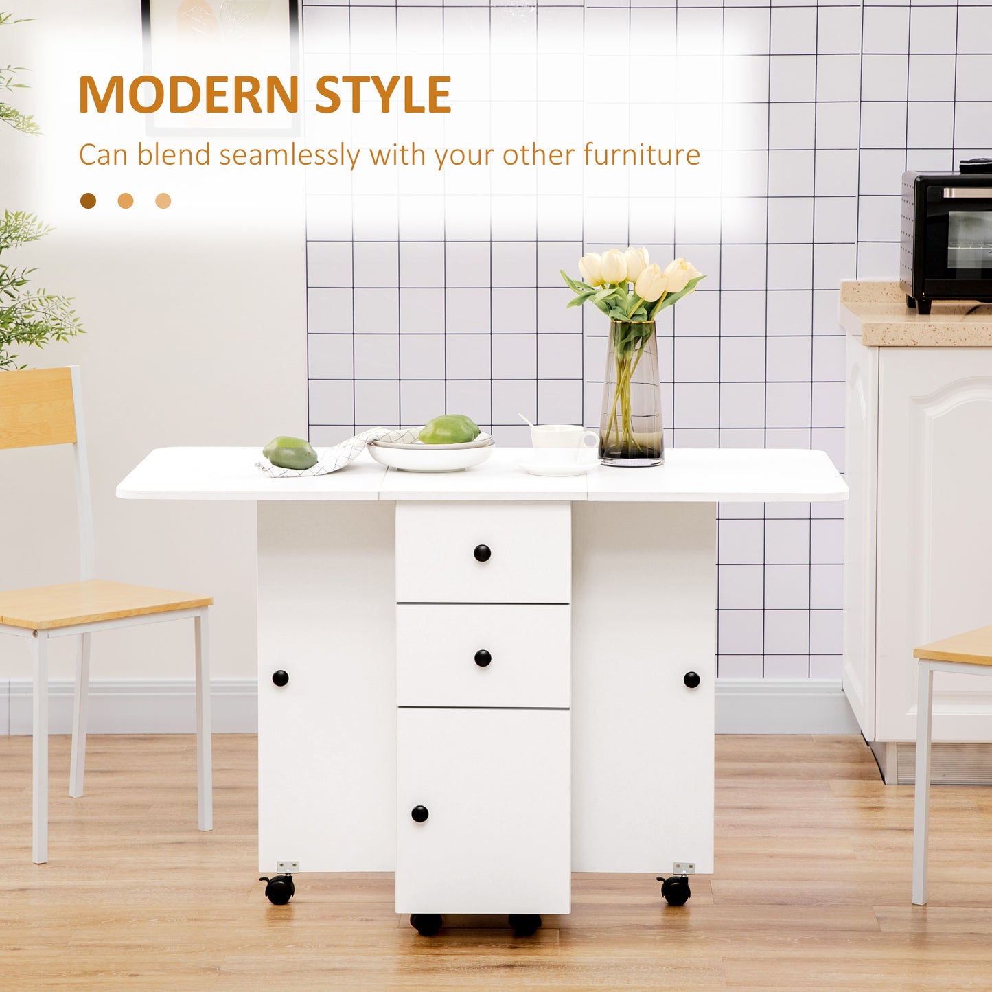 Zibsa Wooden White Drop Leaf Dining Table With Storage For 6