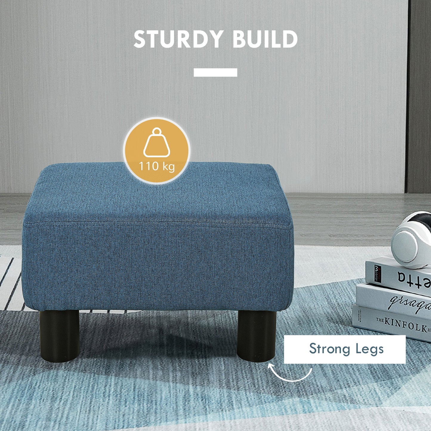 Fatopa Linen Blue Cube Footstool With 4 Plastic Feet