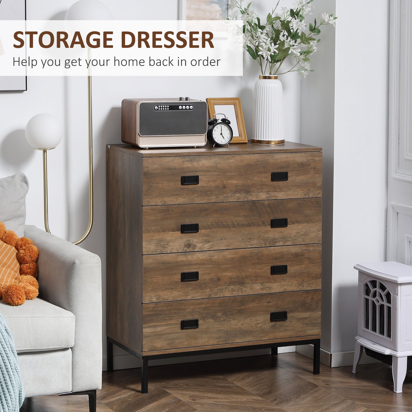 Paleba Romi Metal And Wood Brown 4 Drawer Storage Chest With Steel Frame
