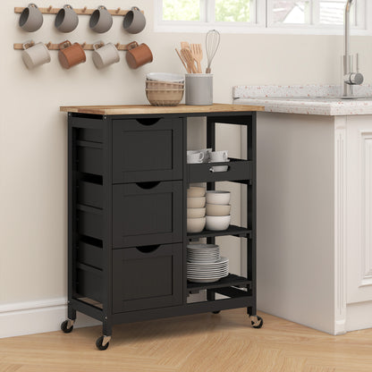 Tovafi Wooden Black Compact Rolling Kitchen Island With Wood Top Shelves And Drawers