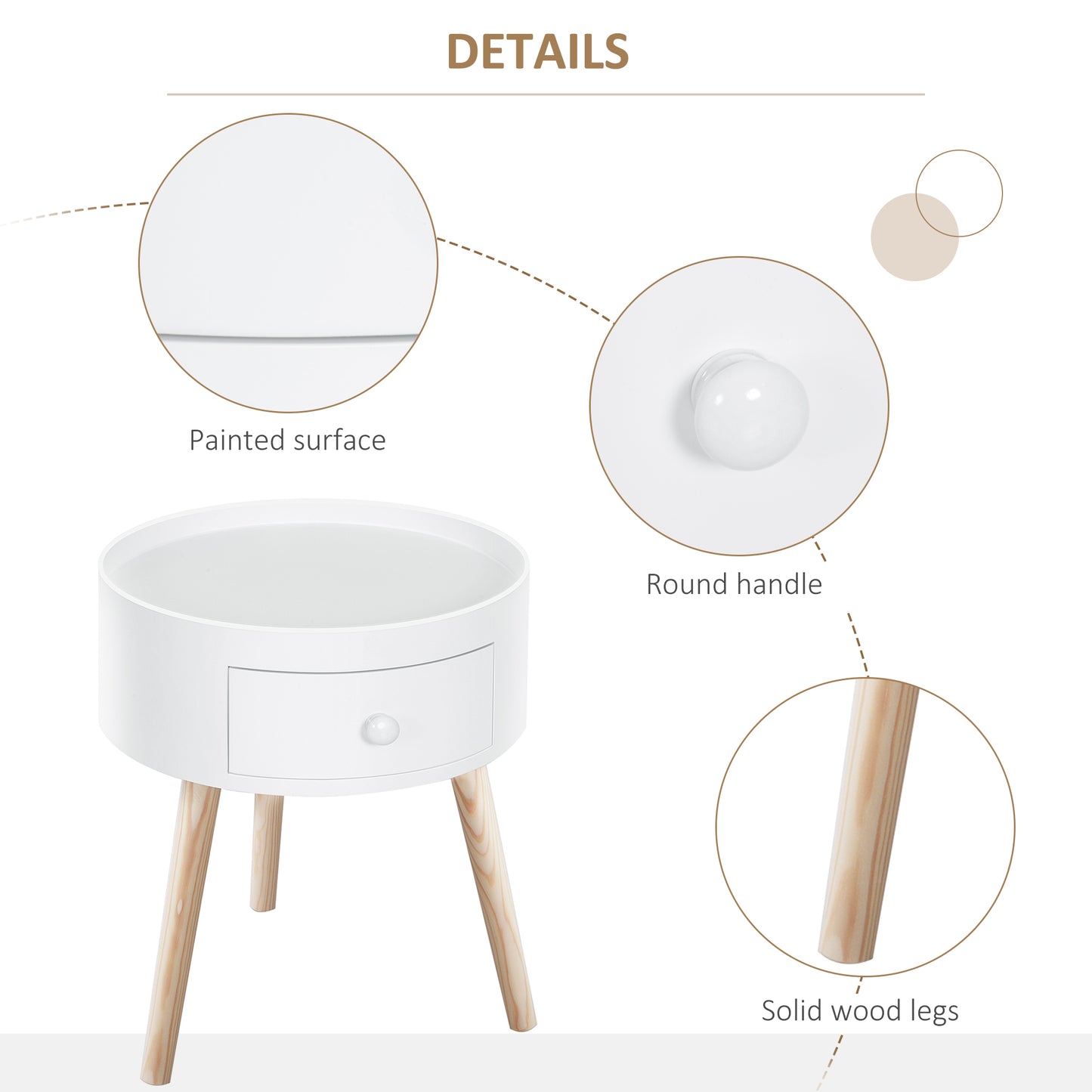 Ladi Wood White Set Of 2 Round Bedside Tables With Drawer Storage