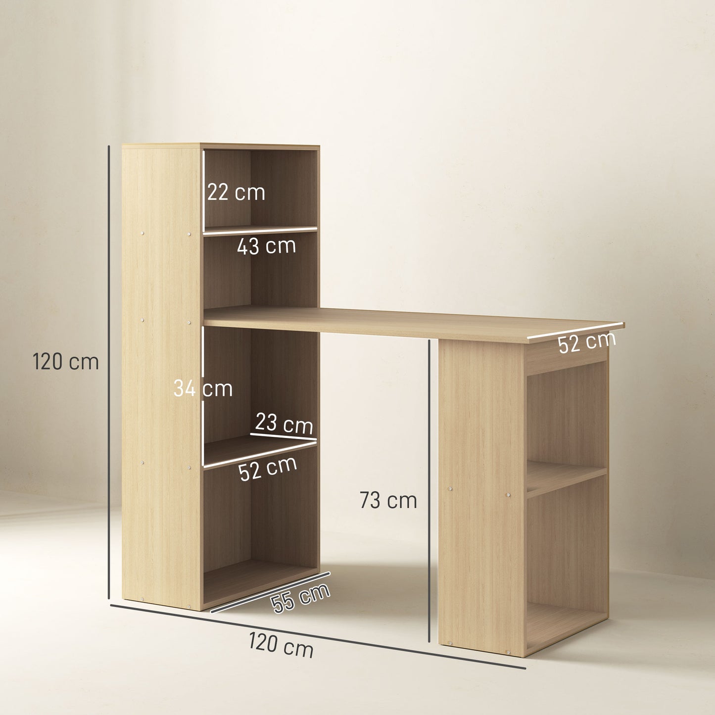 Mane 120cm Natural Wood Study Desk With 6 Tier Bookshelf Storage