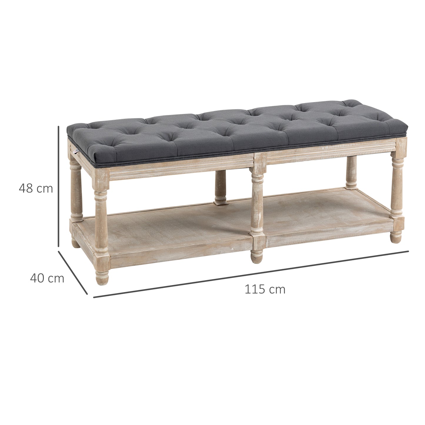 Lono Grey 2 Tier Vintage Style Bed End Bench With Storage Shelf Tufted Diamond