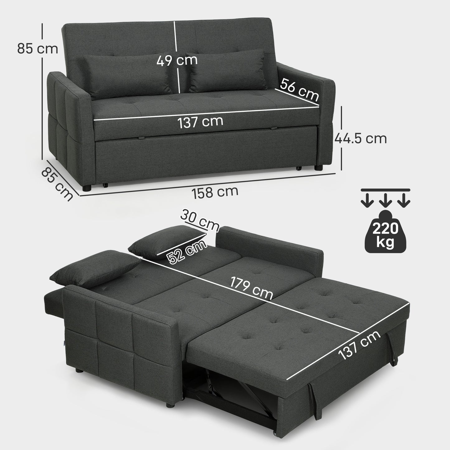 Lula Dark Grey Fabric Upholstered 3 Way Convertible 2 Seater Sofa Bed