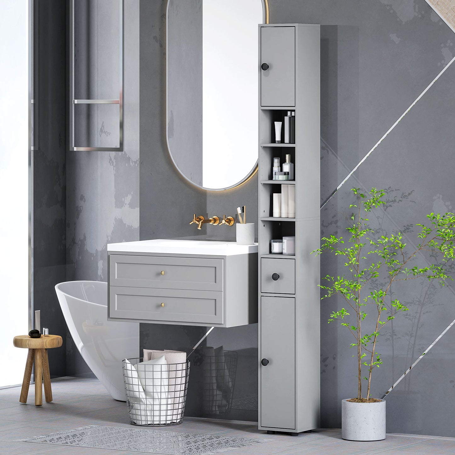 Tasere Tall Slim Bathroom Storage Cabinet With Drawers Shelves And Cupboards Grey