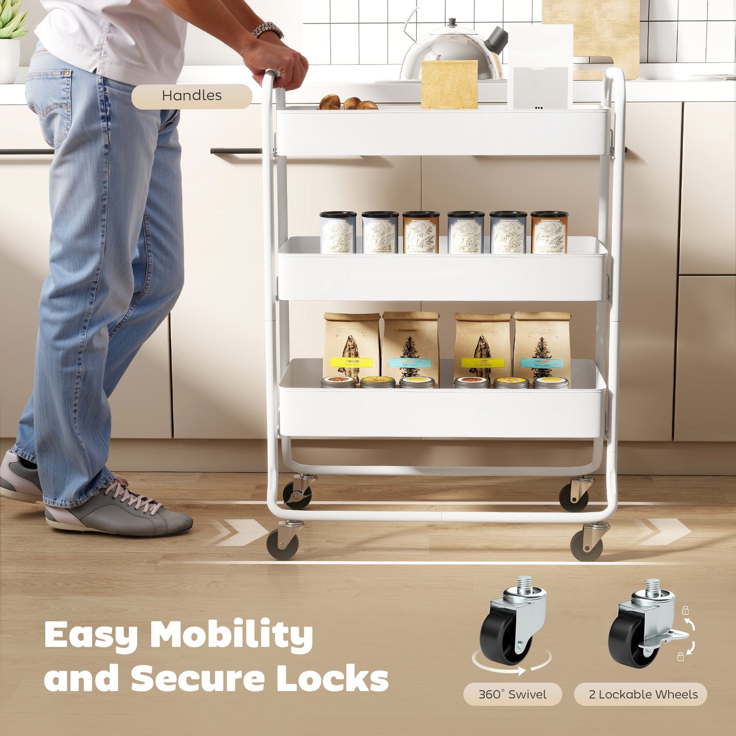 Saseta Sosa Metal White 3 Tier Rolling Utility Trolley With Mesh Baskets