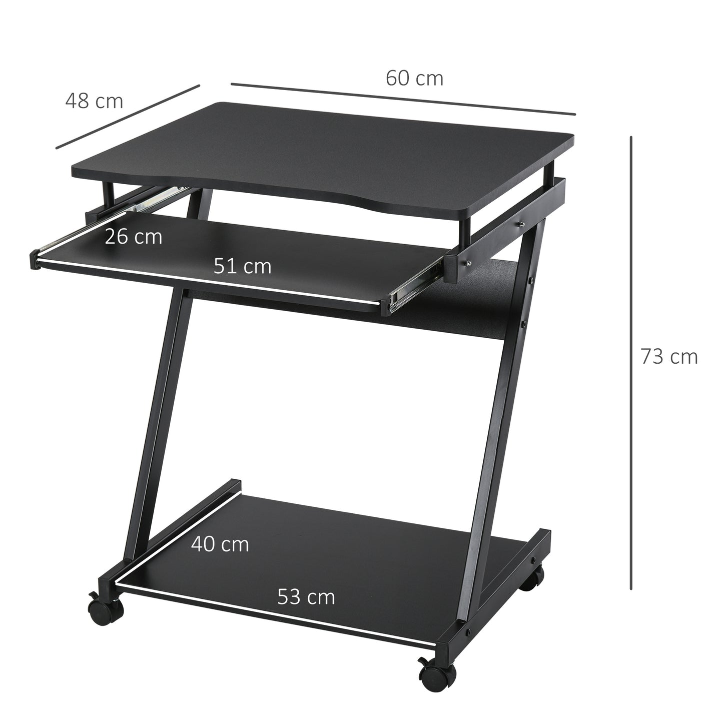 Kamo Wooden Black Mobile Desk With Castor Wheels And Sliding Keyboard Tray